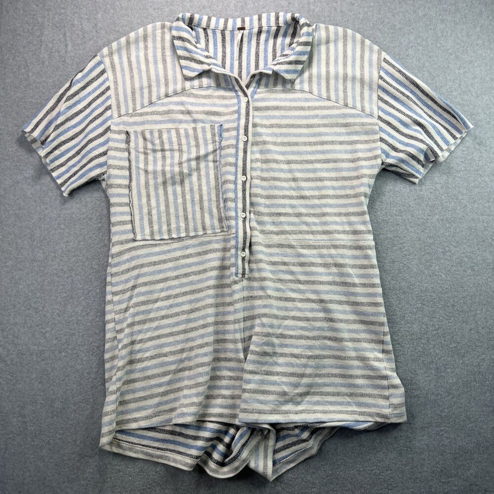 Free People Boardwalk Romper Large Blue Stripe Jumper Loungwear Casual Beachy